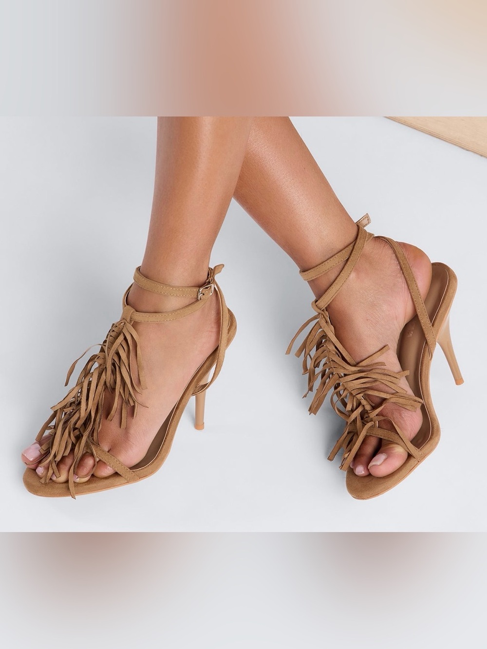 New Fringed Ankle-Strap Heels in Tan